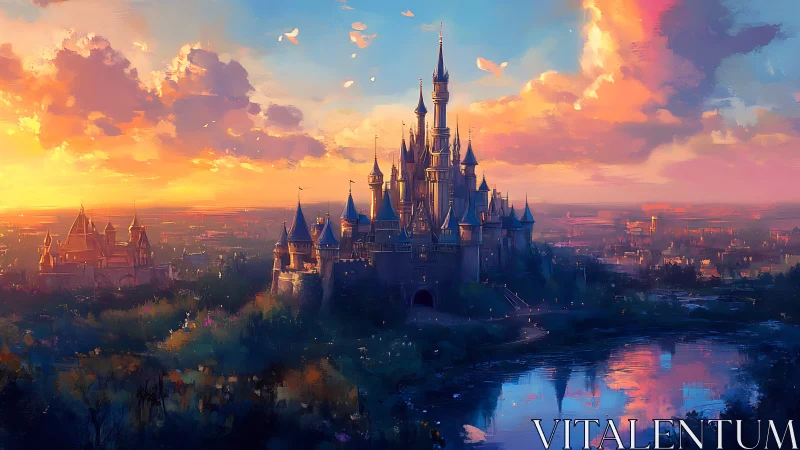 Sunset enchantment crowns a shimmering fairytale castle.