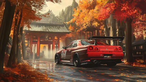 Red Nissan Skyline R34 cuts through misty autumn Japanese shrine