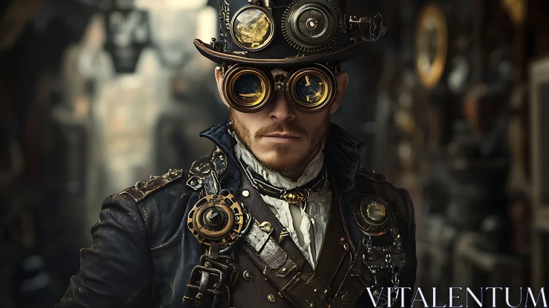 Steampunk-dressed man wearing mechanical goggles and hat.