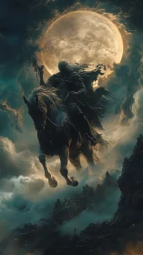 Armored wraith rider on rearing warhorse under colossal full moon