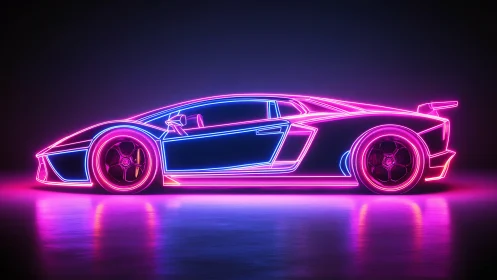 Neon supercar silhouette hums like a racing skyline at dusk