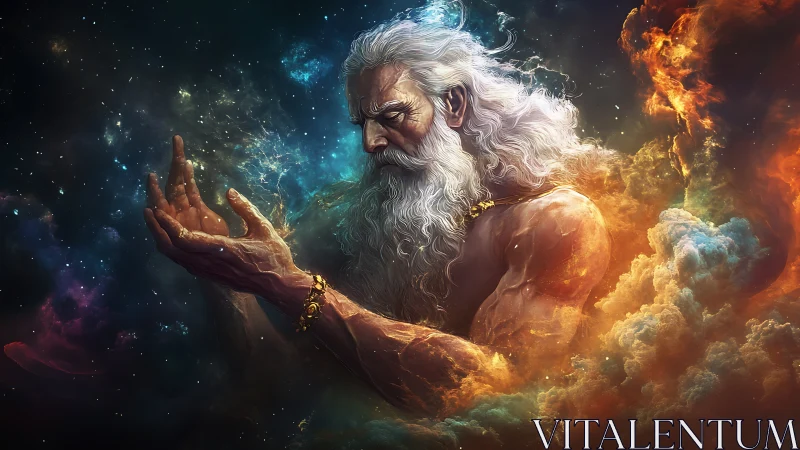 Elder cosmic god forms energy in swirling colorful nebula.