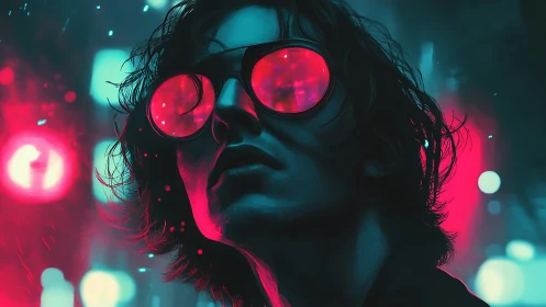 Neon-drenched dreamer scans midnight code through hot pink glass