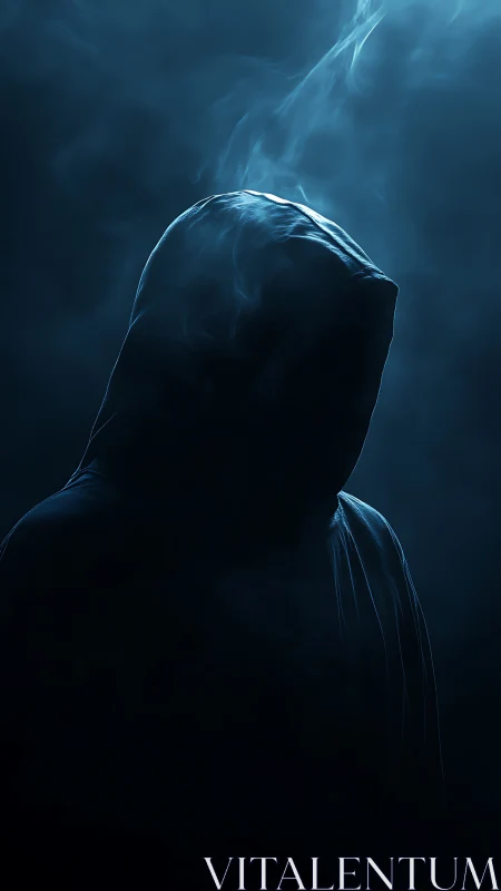Shrouded hooded figure in blue smoke and dramatic backlight.