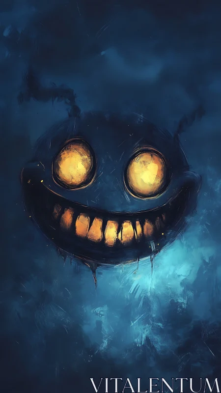 Glowing-eyed grinning face floats in dark blue mist