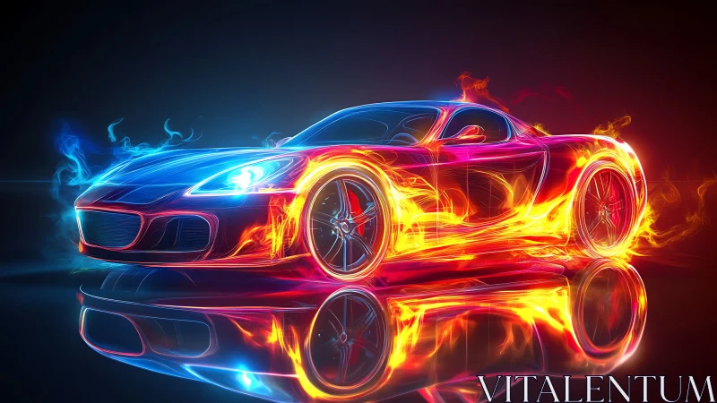 Neon flame sports car rendered with high-gloss reflections and glow