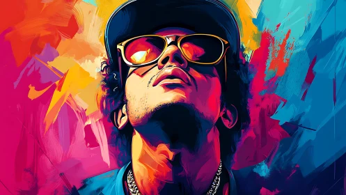 Stylized portrait of man in sunglasses with vivid colors.