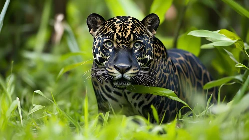Jaguar peers through lush rainforest foliage in vivid detail.
