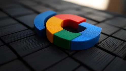 Colorful abstract Google-inspired 3D logo on textured black surface.