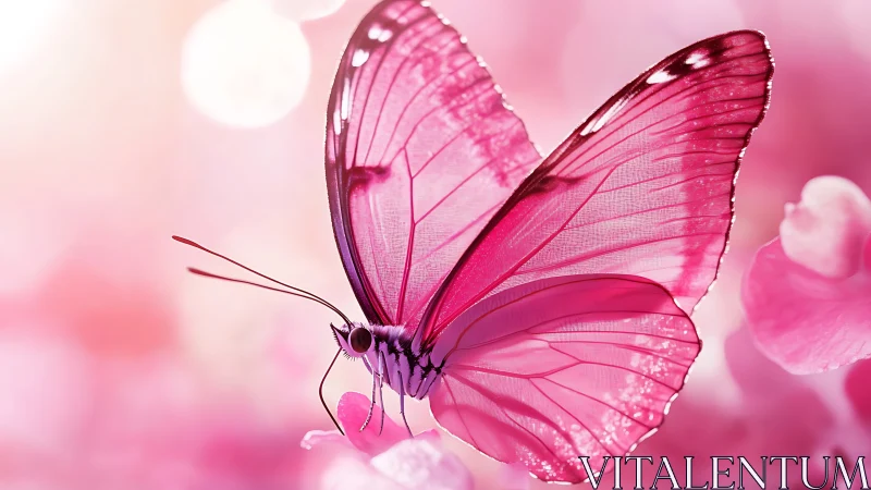 Pink butterfly macro over soft bokeh blossom field.