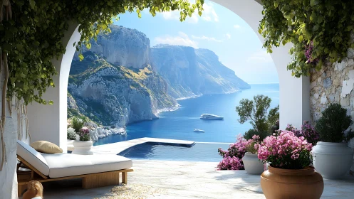 Mediterranean terrace overlooking cliffs and infinity pool.