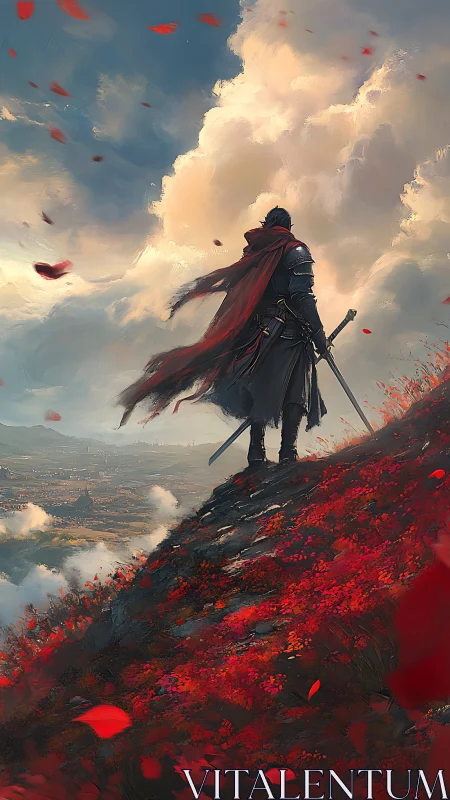 Windborne swordsman surveying crimson ridge horizon.