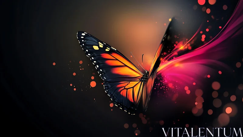 Luminous monarch butterfly with neon particle wake dynamics.