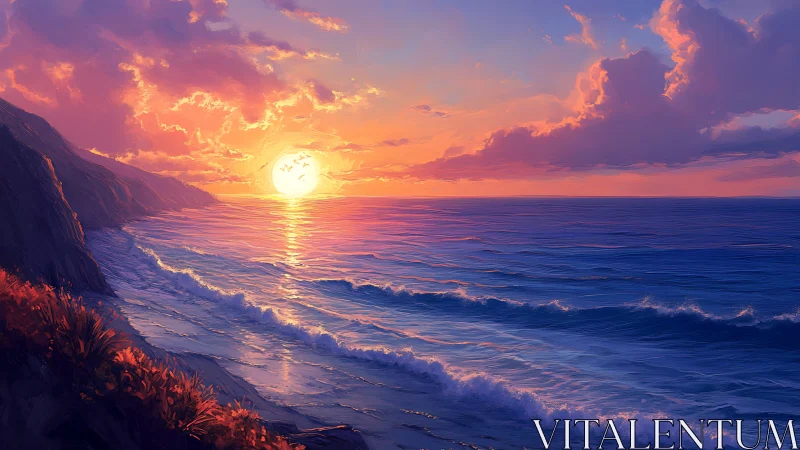 Sunset illuminates tranquil ocean waves along rugged coast