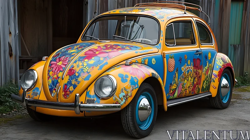 Vintage yellow Beetle with floral multicolor exterior livery.