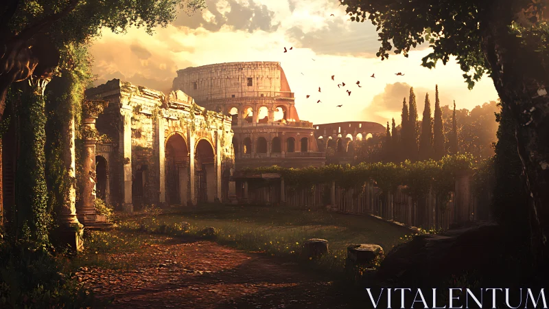 Sunlit Roman ruins cradle the Colosseum in golden hush.