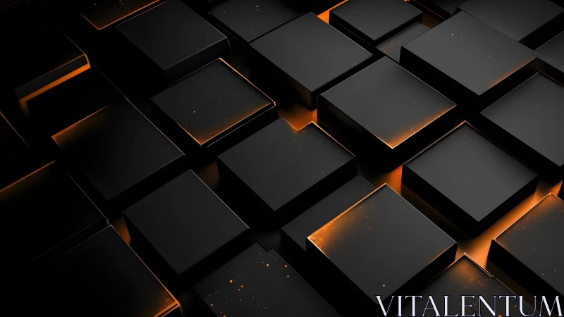 Futuristic Black Cubes with Orange Glow in 3D Abstract Design.