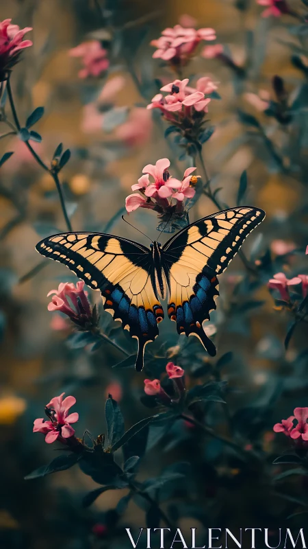 Swallowtail butterfly wings spread over muted pink florals.