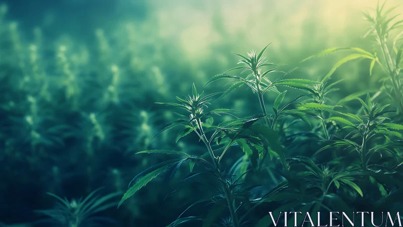 Backlit cannabis foliage rendered with shallow depth of field