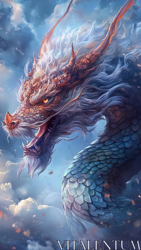 Mythic sky dragon twists through clouds with intense gaze