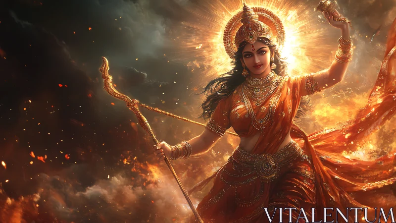 Hindu goddess figure stands in glowing orange and gold light