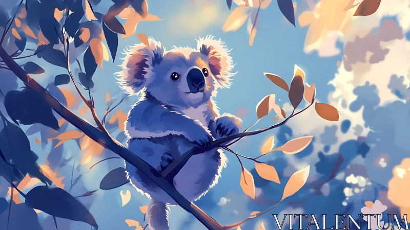 Koala rests on slender tree branch with stylized foliage