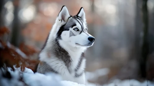 Siberian Husky portrait in shallow depth winter forest scene