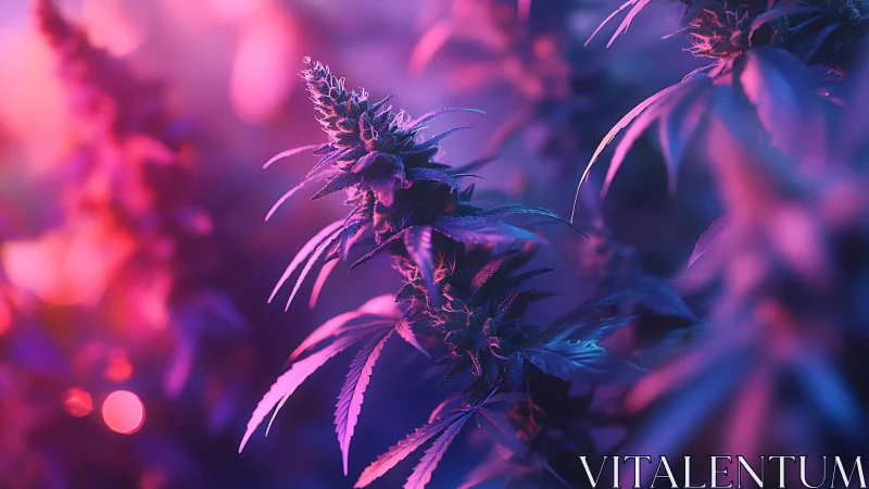Cannabis inflorescences are illuminated by colored artificial lighting