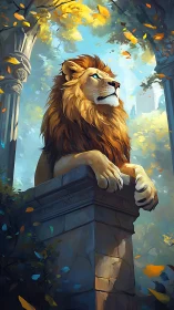 Regal lion statue overlooking sunlit forest ruins.