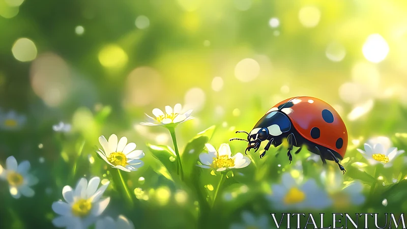 Ladybug on daisies under glowing spring bokeh light.