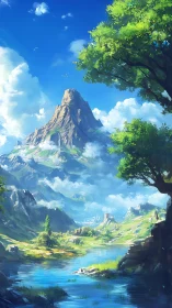 Digital painting of sunlit alpine valley with dominant peak.