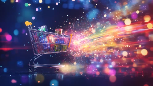 Shopping cart erupts with radiant digital commerce energy