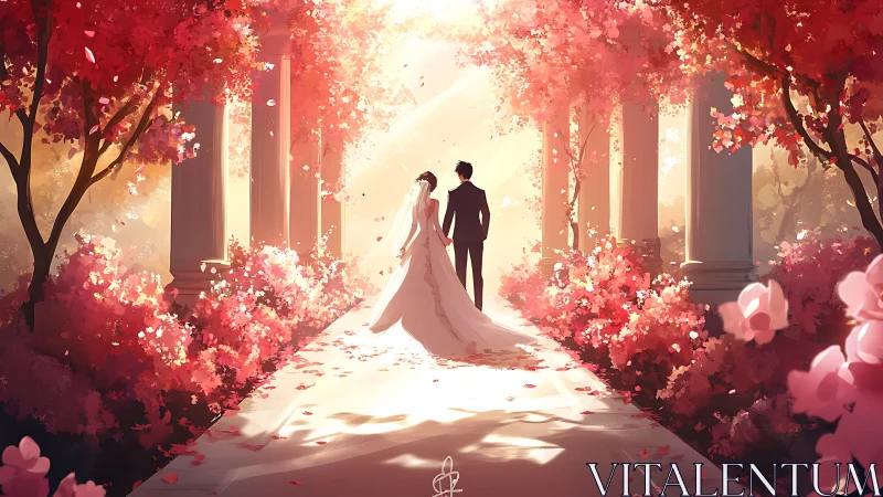 Bride and groom on garden path between columns at sunset.