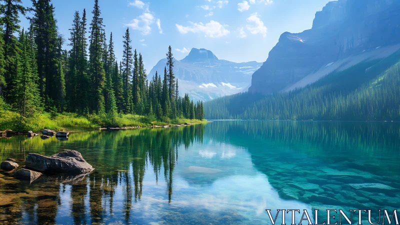 Photorealistic alpine lake panorama with evergreen shoreline.