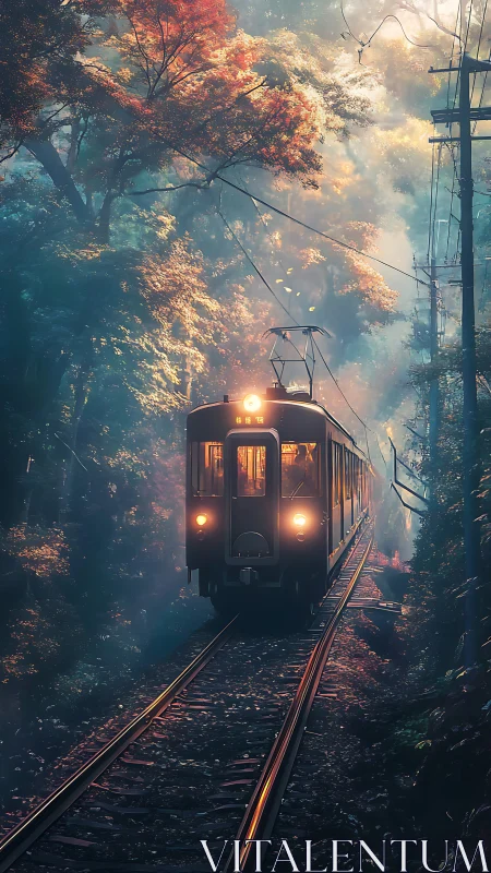Golden woodland train glides gently through misty twilight
