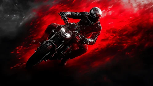 Motorcyclist leaning into turn in dynamic red motion field.