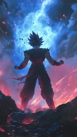 Backlit anime warrior under turbulent blue energy vortex