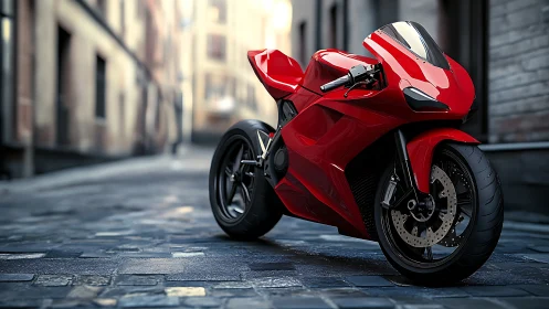 Red superbike stands poised on slick cobblestone street.