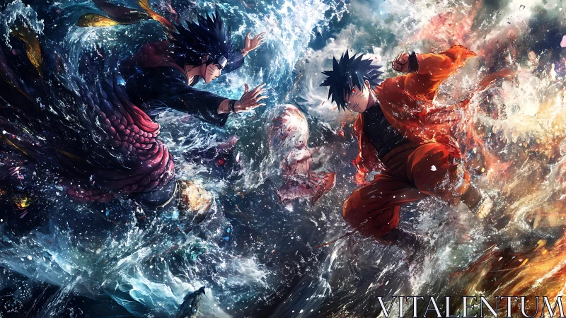 Dynamic anime duel renders elemental water and fire clash