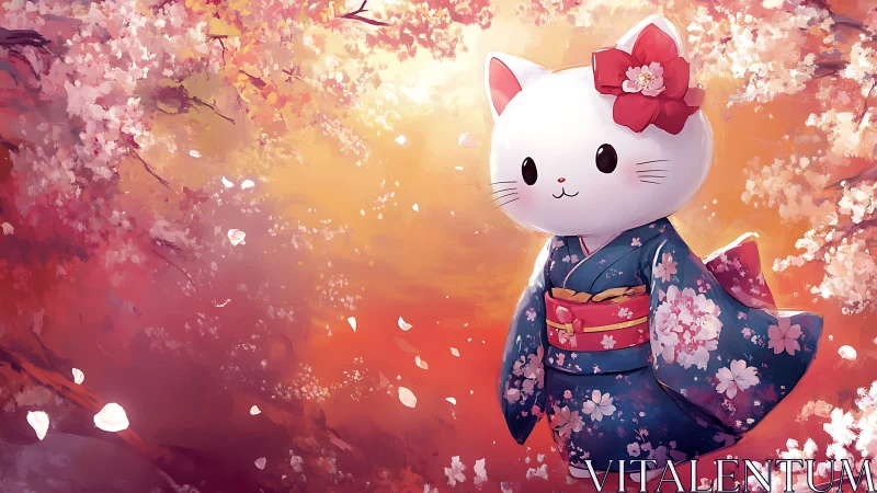 Cute white cat in floral kimono walks under cherry blossoms