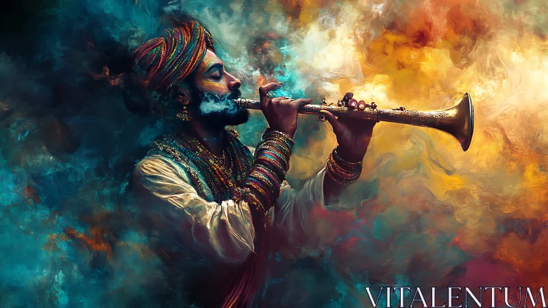 Smoke-lit mystic musician weaving color-soaked melodies.