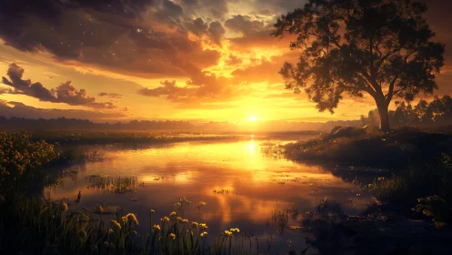 Sunset over reflective wetland with solitary riverside tree.