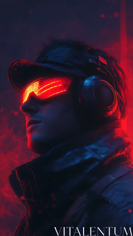 Neon-bathed cyber scout gazes through burning red visors.