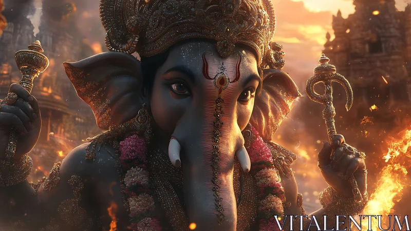 Ember-crowned Ganesha amid blazing temple dusk reverie.