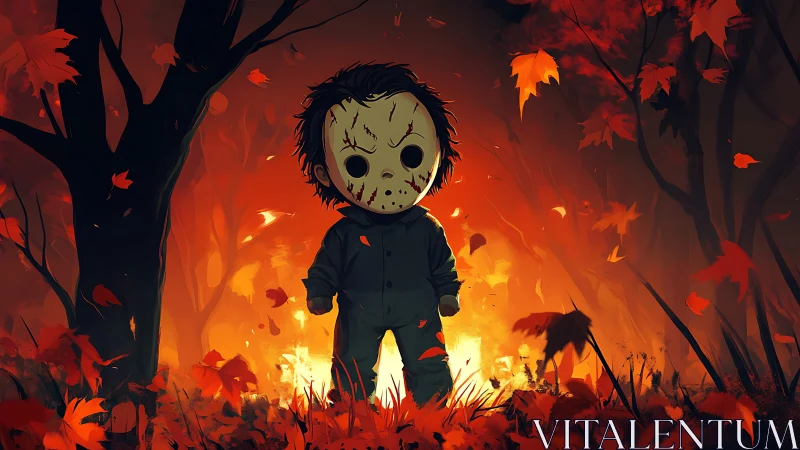 Cute masked wanderer in a fiery autumn forest glow.