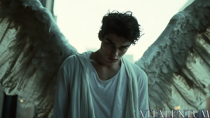 Brooding urban seraph with weathered wings in soft backlight.