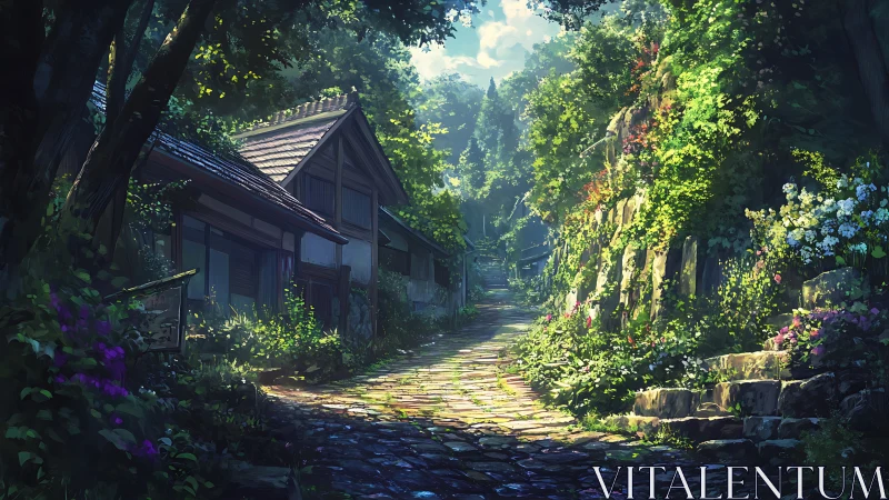 Sunlit stone path gently winds through a quiet forest village