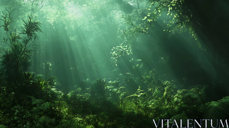 Misty Forest Canopy with Sunrays Through Dense Vegetation.