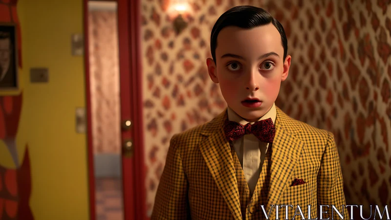 Boy in yellow checkered suit stands shocked in patterned room