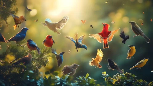 Colorful Songbirds in Sunlit Forest, Vibrant Nature Artwork.
